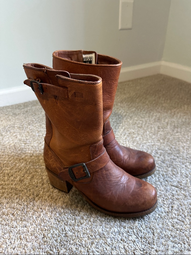 Frye Cognac Brown Leather Mid-Calf Harness Heeled Boots